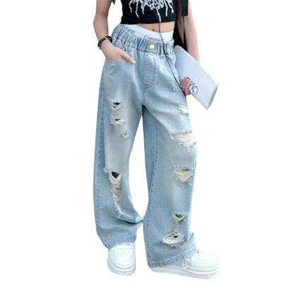 Kids Girls High Fashion Ripped Jeans | Destroyed Denim Pants | Ages 5-14 | USA