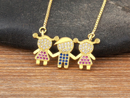 Nidin Gold Plated Family Pendant Necklace | AAA CZ Crystal Kids Jewelry | USA