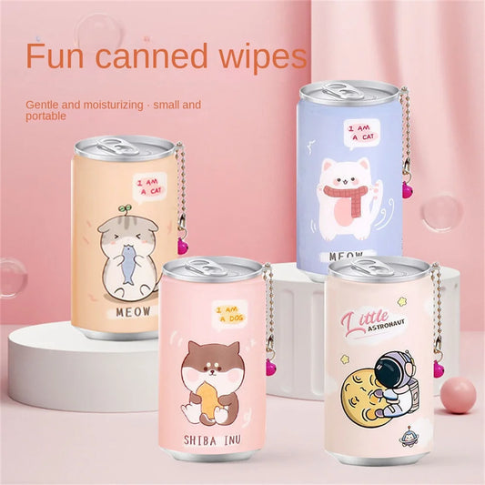 Canned Wet Wipes Portable Children Barreled Cans 30 Sheets Cleaning Cloths Creative Cartoon Chain Cute Small Bell