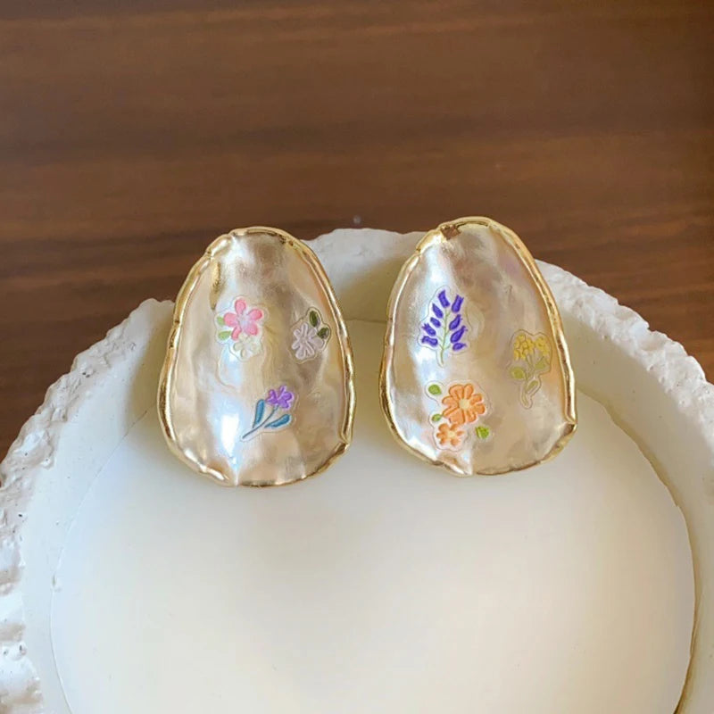 French Oil Painting Flower Earrings - Elegant Shell Vintage Wedding Gift