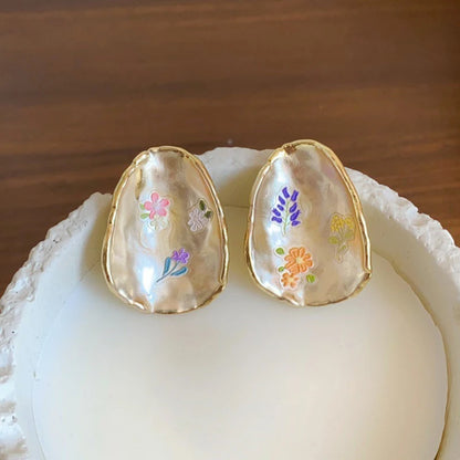 French Oil Painting Flower Earrings - Elegant Shell Vintage Wedding Gift