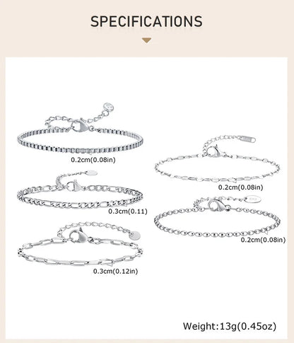Stainless Steel Link Chain Bracelet | Silver Stackable Layered Set | USA