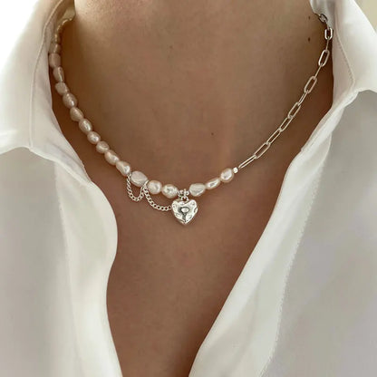 Silver Color Necklace for Women Trendy Elegant Asymmetry Chain Pearls Smooth LOVE Heart Bride Jewelry Lover Gifts