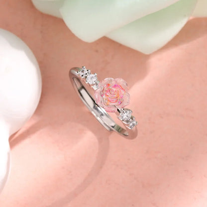 Rose Flower Sterling Silver Ring | Adjustable Pink Zircon Floral Band | USA
