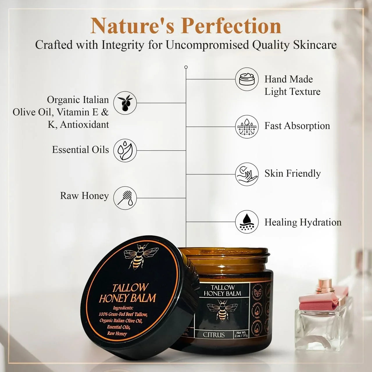 Organic Grass Fed Beef Tallow Balm With Raw Honey Moisturizing Cream For Soft Smooth Skin Handmade All-Natural Moisturizer Skin