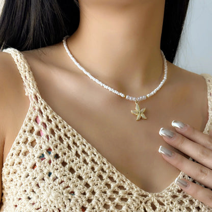 Bohemian Starfish Beach Necklace for Women | Pearl Beaded Choker | Summer | USA