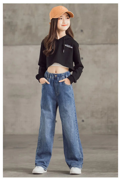 Spring Kids Jeans | Girls Solid Color Loose Wide Leg Pants | Ages 3-9 | USA