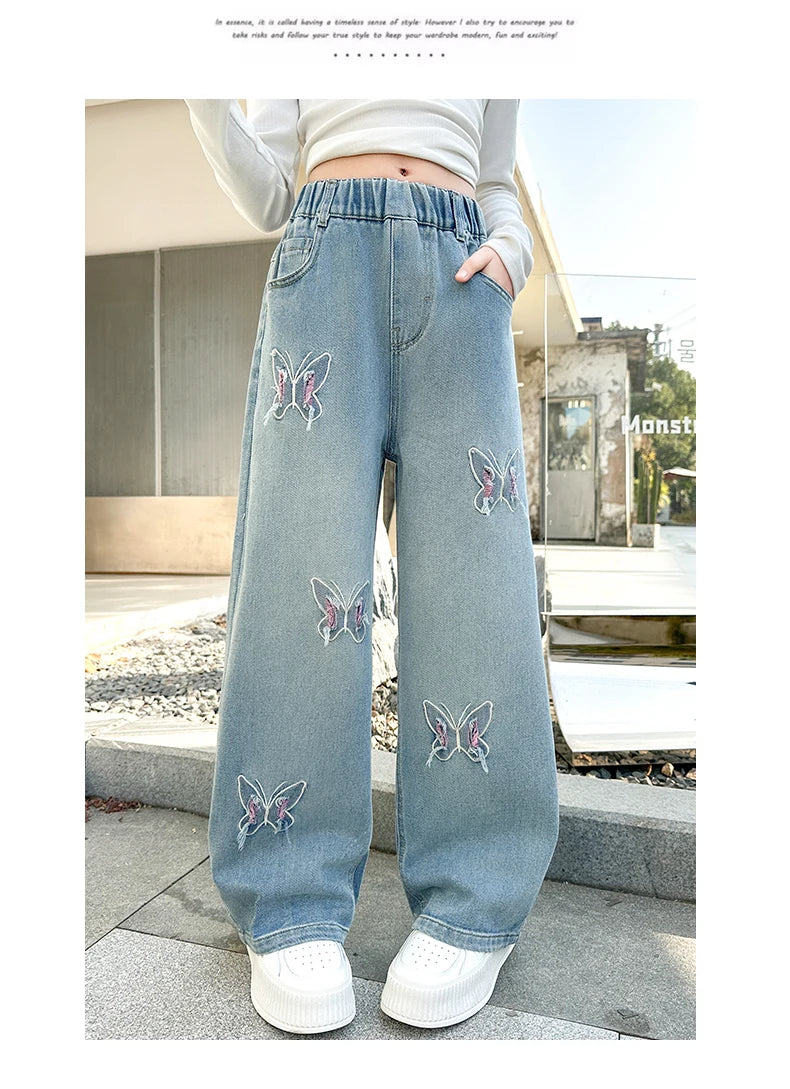 Girls Butterfly Ripped Jeans | Wide-Leg Pants Fashionable Slimming | Kids | USA