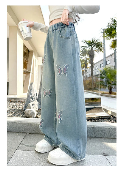 Girls Butterfly Ripped Jeans | Wide-Leg Pants Fashionable Slimming | Kids | USA