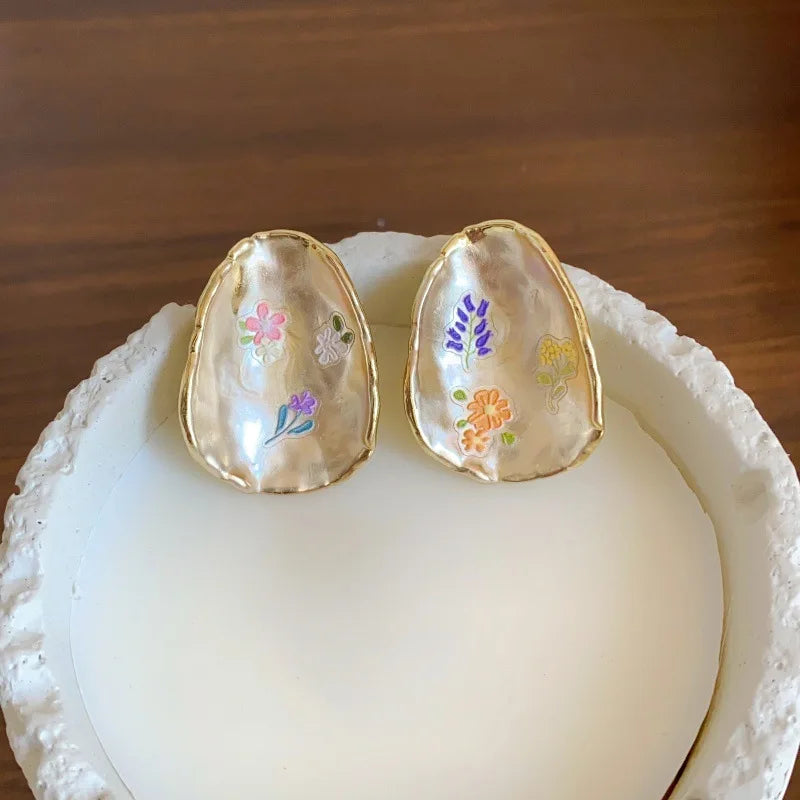 French Oil Painting Flower Earrings - Elegant Shell Vintage Wedding Gift