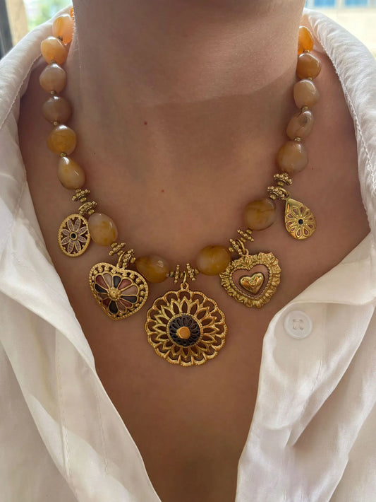 18K Gold Plated Heart Pendant Necklace | Resin Bead Chain | Women's Jewelry