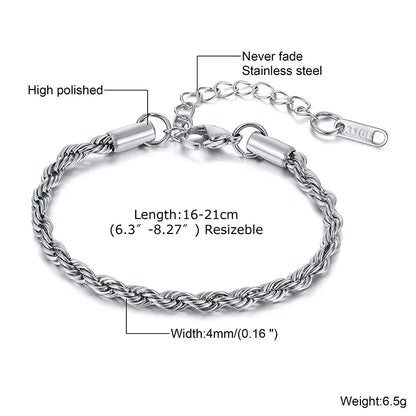 Unisex Rope Chain Bracelet | Stainless Steel Twisted Links | Women Men | USA