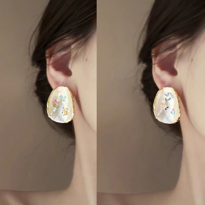 French Oil Painting Flower Earrings - Elegant Shell Vintage Wedding Gift