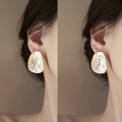 French Oil Painting Flower Earrings - Elegant Shell Vintage Wedding Gift