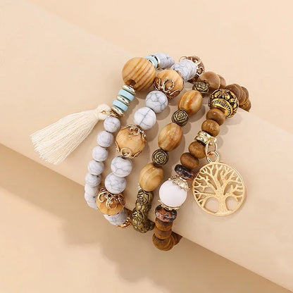 4-Piece Tree of Life Bracelet Set | Wooden Beaded Boho Bangles | USA Australia