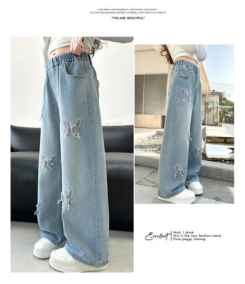 Girls Butterfly Ripped Jeans | Wide-Leg Pants Fashionable Slimming | Kids | USA