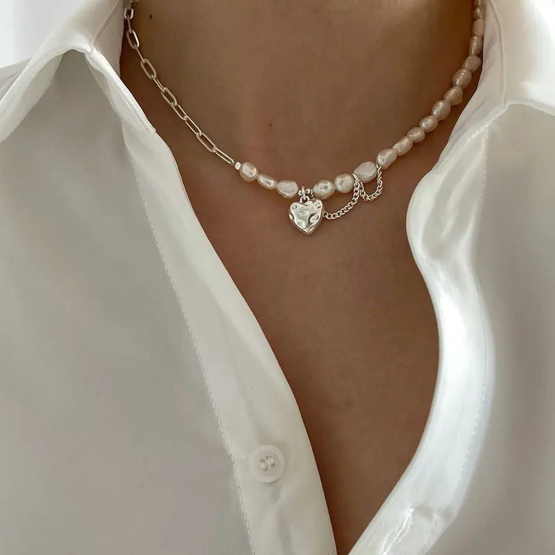 Silver Color Necklace for Women Trendy Elegant Asymmetry Chain Pearls Smooth LOVE Heart Bride Jewelry Lover Gifts