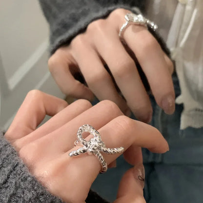 Sterling Silver Flower Bow Ring - Love Combination Adjustable Design