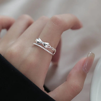 Sterling Silver Flower Bow Ring - Love Combination Adjustable Design