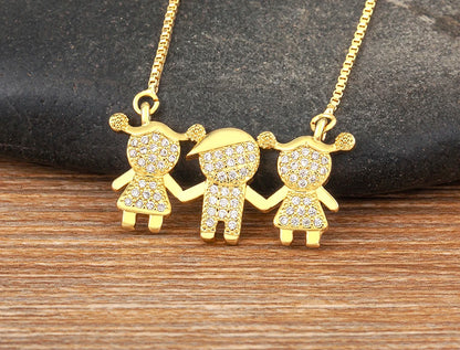 Nidin Gold Plated Family Pendant Necklace | AAA CZ Crystal Kids Jewelry | USA
