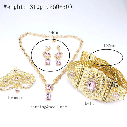 Sunspicems Gold Color Crystal Morocco Bride Jewelry Sets For Women Caftan Belt Waist Chain Charm Choker Necklace Square Earrings