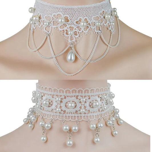 White Pearl Lace Necklace & Earrings Set | Lolita Fashion Accessories