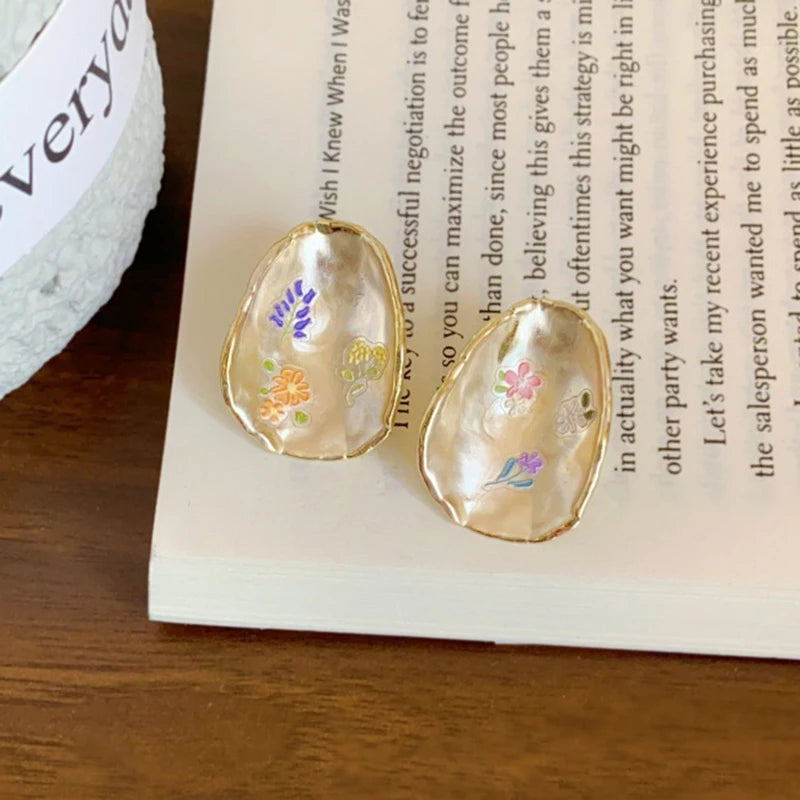 French Oil Painting Flower Earrings - Elegant Shell Vintage Wedding Gift