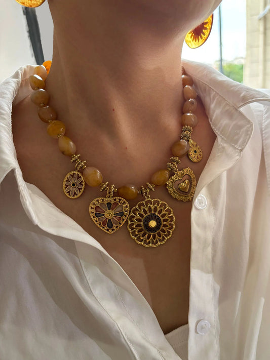 18K Gold Plated Heart Pendant Necklace | Resin Bead Chain | Women's Jewelry