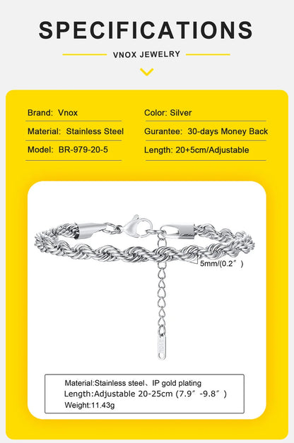 Unisex Rope Chain Bracelet | Stainless Steel Twisted Links | Women Men | USA