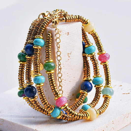 Natural Stone Beaded Bracelet | Colorful Bohemian Gold Chain | Women | USA
