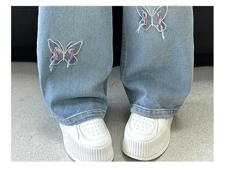 Girls Butterfly Ripped Jeans | Wide-Leg Pants Fashionable Slimming | Kids | USA