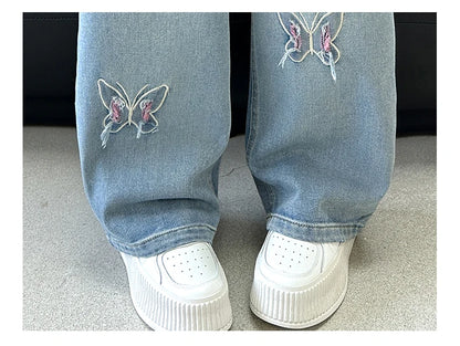 Girls Butterfly Ripped Jeans | Wide-Leg Pants Fashionable Slimming | Kids | USA
