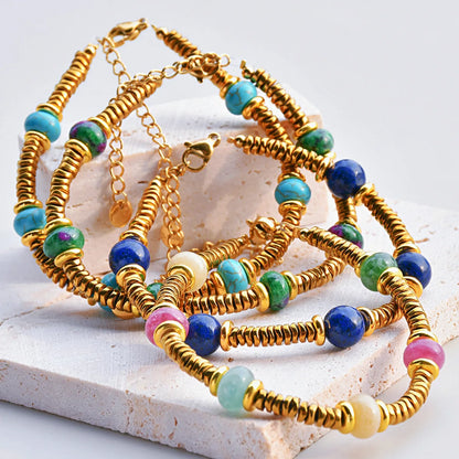 Natural Stone Beaded Bracelet | Colorful Bohemian Gold Chain | Women | USA