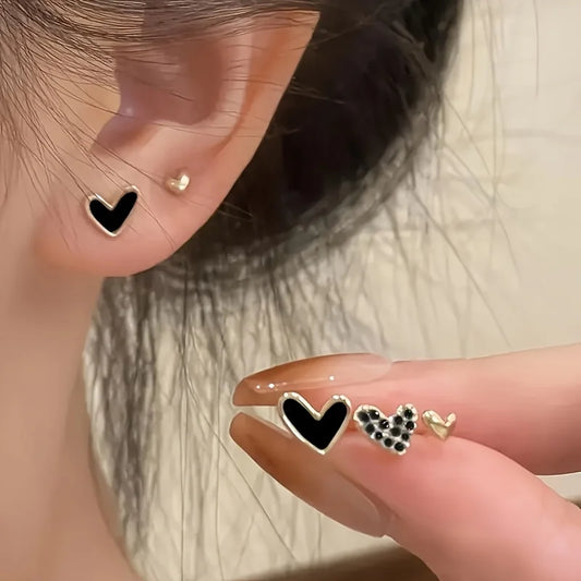 Rhinestone Heart Stud Earrings - Black & White Enamel Charm