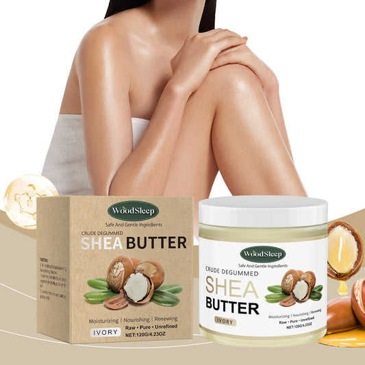 WoodSleep Shea Butter packaging with a person holding their arm, on a beige background
