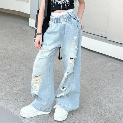 Kids Girls High Fashion Ripped Jeans | Destroyed Denim Pants | Ages 5-14 | USA
