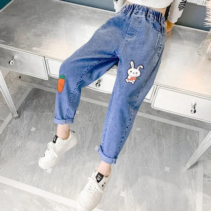 Girls Jeans Kids Cartoon Print Elastic Waist Denim Pant 2024 Spring Fall 3 To 12Yrs Teenagers Trousers Children's Cotton Clothes