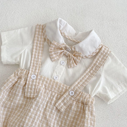 Instagram summer baby jumpsuit, male and female baby doll collar, plaid fake two-piece triangular jumpsuit, crawling