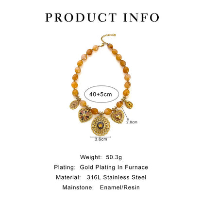 18K Gold Plated Heart Pendant Necklace | Resin Bead Chain | Women's Jewelry