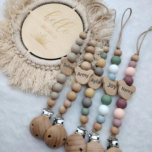 Custom Name Wooden Pacifier Chain | Silicone Bead Dummy Holder | USA Australia