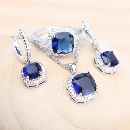 925 Silver Women Bridal Jewelry Sets Blue Cubic Zirconia Wedding Earrings Rings Bracelets Pendant Necklace Set