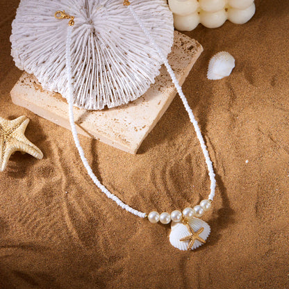Bohemian Rice Beads Starfish Necklace | Pearl Beaded Choker | Summer Beach