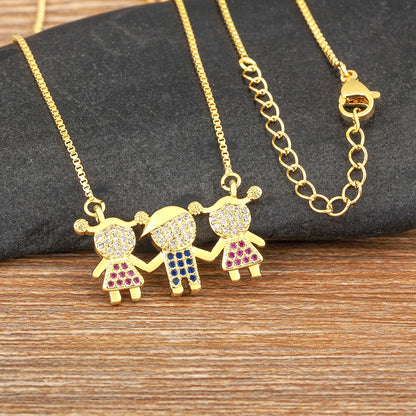 Nidin Gold Plated Family Pendant Necklace | AAA CZ Crystal Kids Jewelry | USA