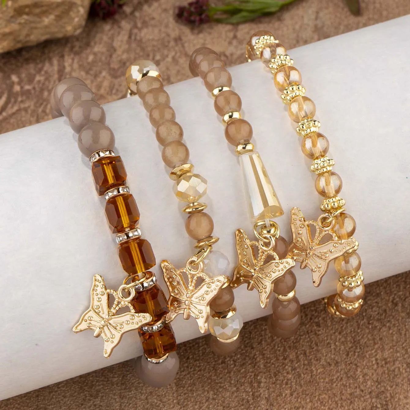 Butterfly Beaded Bracelet Set | 4 Piece Pink Bohemian Stack | USA Australia