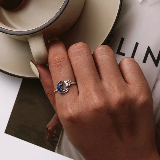 Moon & Cat Sterling Silver Ring | Blue Zircon Adjustable Animal Design | USA