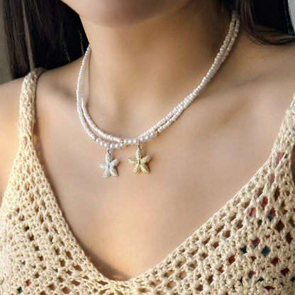 Bohemian Rice Beads Starfish Necklace | Pearl Beaded Choker | Summer Beach