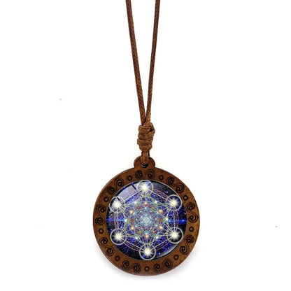 Vintage Archangel Metatron Cube Wooden Necklace | Sacred Geometry