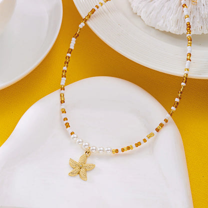 Bohemian Rice Beads Starfish Necklace | Pearl Beaded Choker | Summer Beach