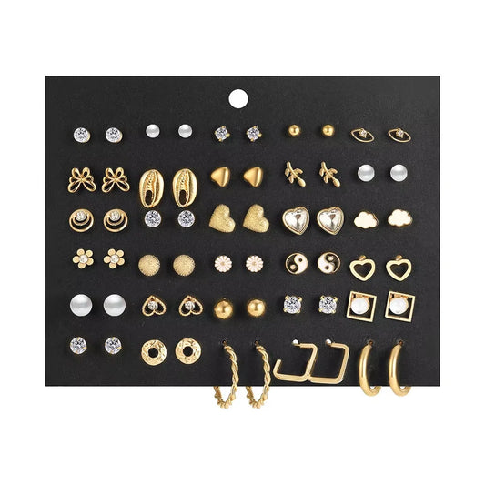 40-Piece Gold Earring Set - Vintage Butterfly Heart Pearl Crystal Studs