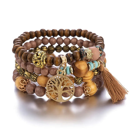 4-Piece Tree of Life Bracelet Set | Wooden Beaded Boho Bangles | USA Australia